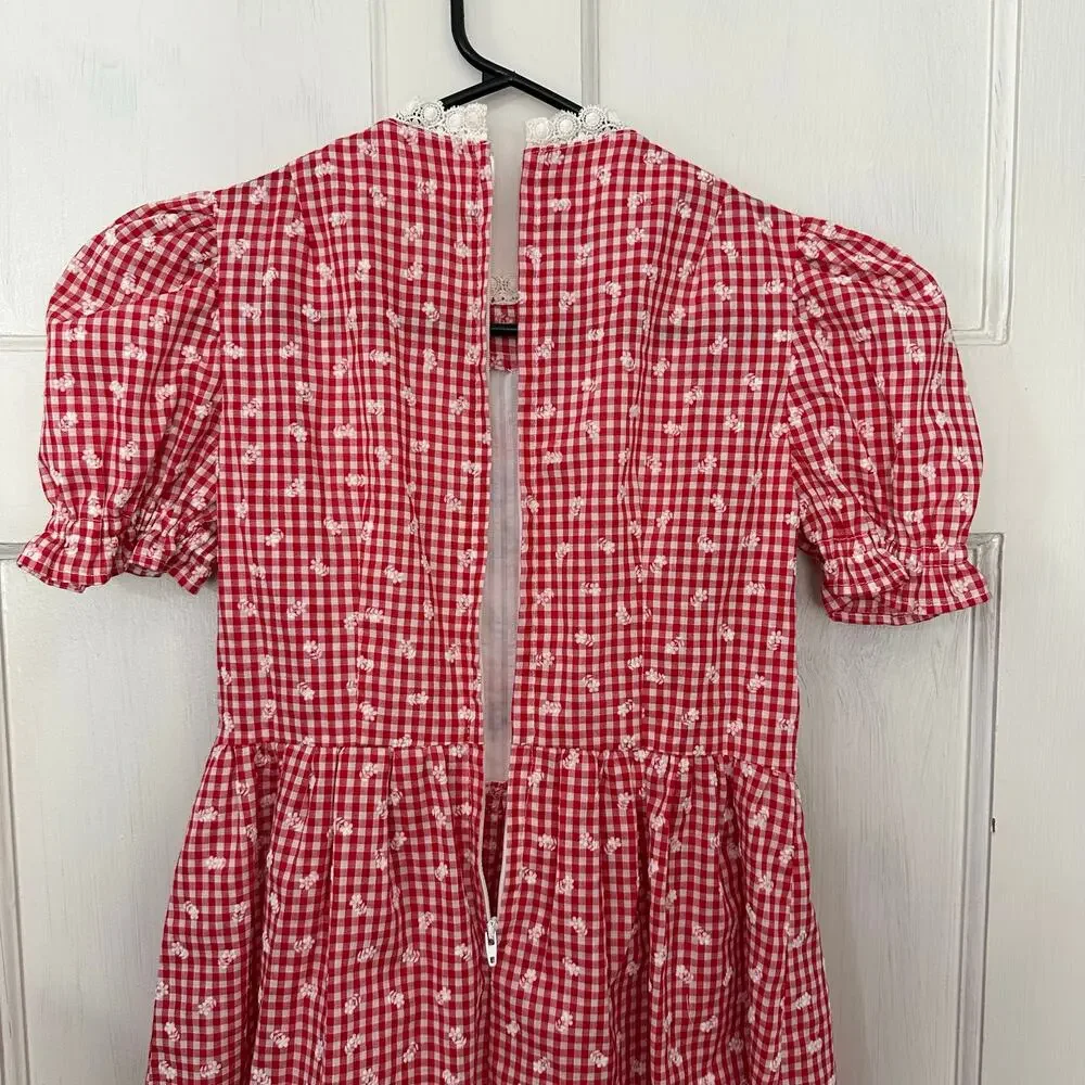 Vintage Girls Handmade Dress 70s Red White Gingham Embroidered‎ Apron Front Tie